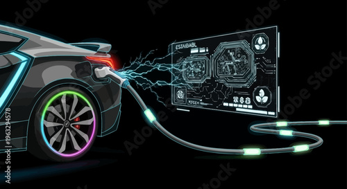 Electric vehicle charges with glowing circuit board display.