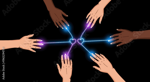 Diverse hands reaching towards glowing hearts in unity