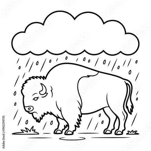 A bison stands in the rain, grazing calmly beneath a cloudy sky with raindrops falling around it isolated on white background, Vector, illustration