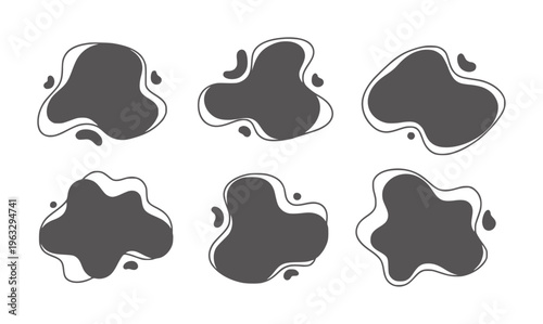 Six dark grey organic shapes with white outlines white abstract