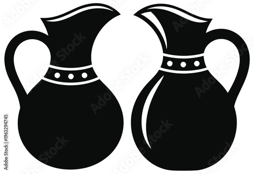 Two black silhouette jugs with handles and spouts facing opposite directions in elegant design isolated on white background, Vector, illustration