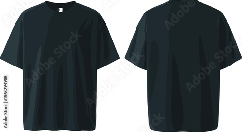 xxxxOversized dark gray t-shirt mockup, front and back, on a white background, blank tee design for clothing brand presentations.
