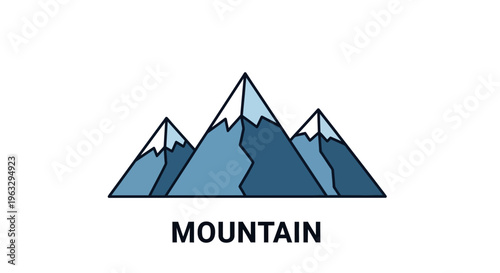 The illustration depicts a scenic mountain landscape with rugged peaks and slopes.