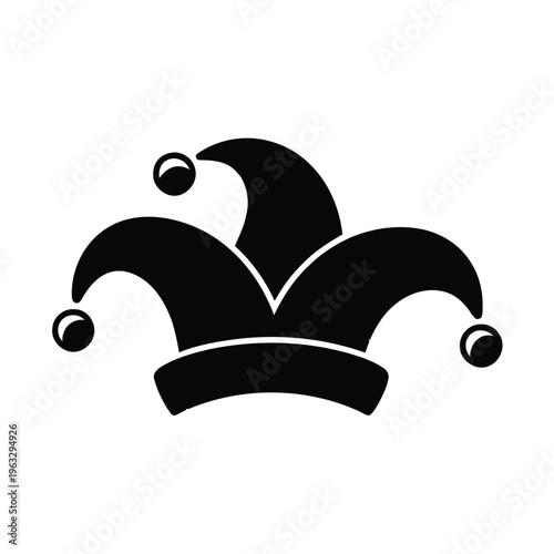 A classic jester hat with three pointed peaks and decorative bells hanging from its sides isolated on white background, Vector, illustration