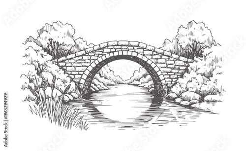 Stone arch bridge over a calm river surrounded by trees and reeds water