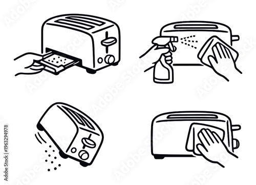 Toaster cleaning and crumb removal actions on dark background