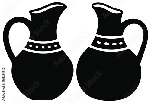 Two elegant black jugs with white decorative bands and handles positioned side by side against plain backdrop isolated on white background, Vector, illustration