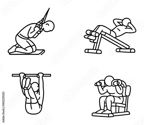 Persons performing different gym exercises using equipment