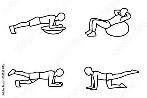 Figures performing core exercises in four positions on gray background