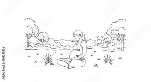 A continuous line drawing shows a pregnant person with long hair sitting in a cross-legged yoga pose outdoors.