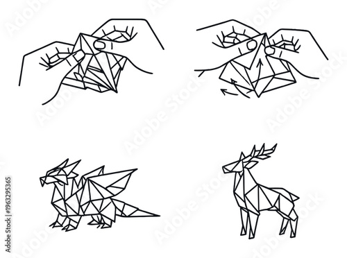 Hands folding complex origami dragon and deer on dark background