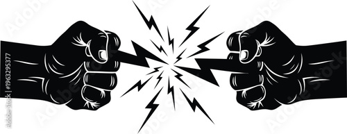 Powerful black silhouette illustration of two clashing fists holding lightning bolts creating a dynamic electrical spark of energy and intense competition