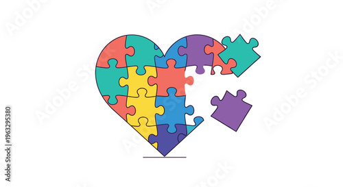 A colorful illustration shows numerous interlocking puzzle pieces forming a heart shape, with several pieces detached or missing from the right side.