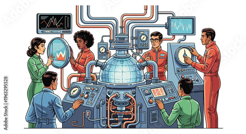 A multiracial team of six scientists and engineers in colorful jumpsuits operates a complex retrofuturistic machine with a central glowing dome and multiple control panels.