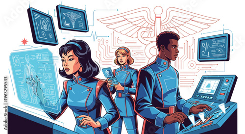 A multiracial team of three doctors in retrofuturistic uniforms are working with holographic screens and advanced control panels in a high-tech medical setting.