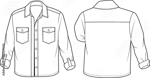 Classic Denim Shirt Design: Men's and Women's Fashion Apparel with Long Sleeves and Pockets, Ready-to-Wear Casual Style Vector Illustration.