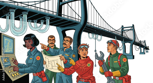 A retrofuturist illustration features a multiracial team of five engineers working near a large bridge structure with a control panel.