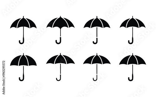 Eight black umbrellas with white interiors arranged neatly in two horizontal rows of four each isolated on white background, Vector, illustration