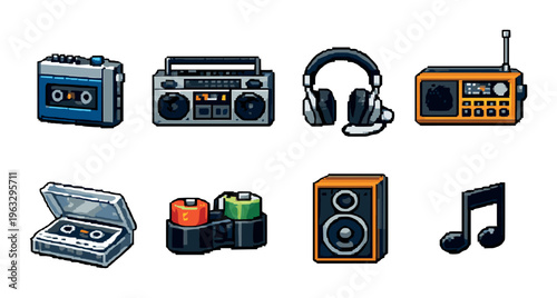 Assorted audio icons including cassette boombox headphones and radio