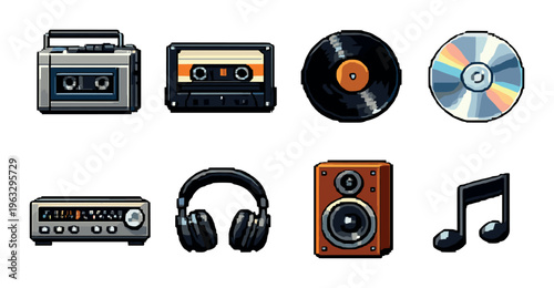 Vintage audio equipment icons arranged in grid on gray background