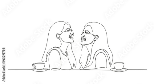Two women with flowing hair are depicted in a continuous line art style, laughing heartily while sitting across from each other with coffee cups.