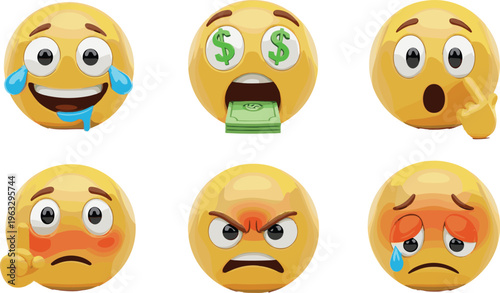 Set of expressive yellow 3D emoji characters with various emotions including greed, anger, sadness, and joy isolated on white background.