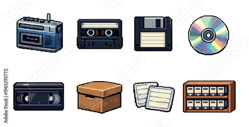 Media storage and playback icons arranged in grid on gray background