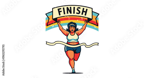 A cheerful, athletic woman with a curvy physique crosses a finish line, holding a FINISH banner aloft in a triumphant pose.
