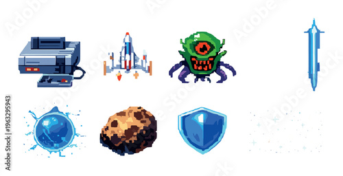 Retro gaming icons including spaceship and monster on black