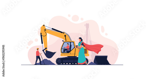A woman in a green sari and red shawl stands next to a large yellow excavator being operated by another worker, with a third worker holding a shovel.