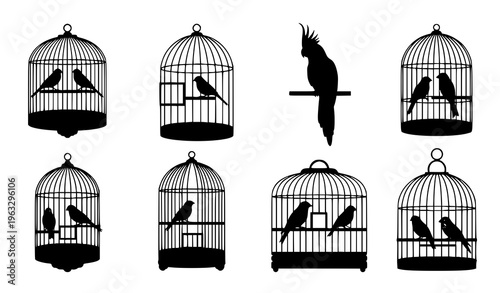 Bird Cage Silhouette Set with Canary Finch Cockatoo Budgie Vector