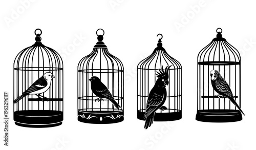 Decorative Bird Cage Silhouettes with Domestic Birds Vector Collection
