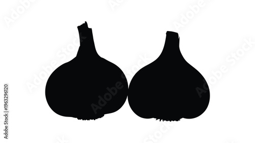 Two black silhouettes of bulbous garlic cloves with pointed stems standing side by side against plain backdrop isolated on white background, Vector, illustration
