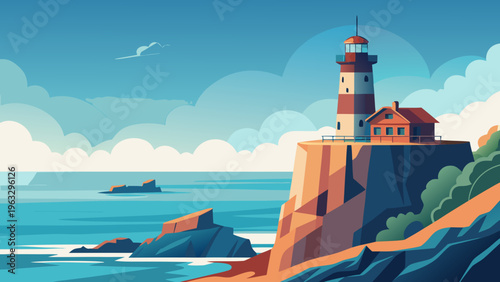 Coastal Lighthouse on Rocky Cliff Spain Flat Vector Illustration