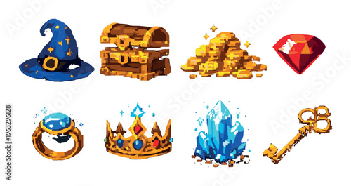 Treasure and magical items arranged in grid on dark background