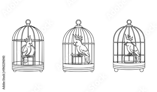 Minimal Bird Cage Icons with Domestic Birds Silhouette Vector Set