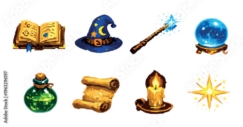 Spell book and wizard tools arranged on dark glowing background