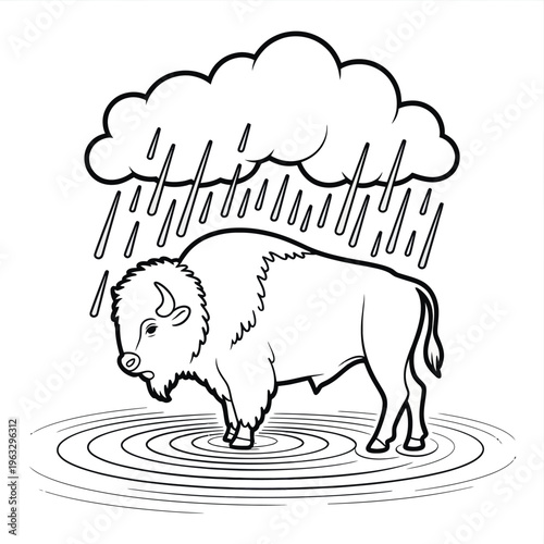 A bison standing calmly under a heavy shower of rain with ripples forming around its hooves isolated on white background, Vector, illustration