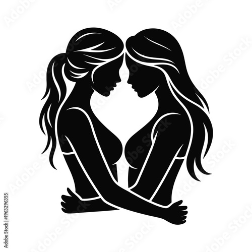 Two women embracing each other with long hair in a tender, intimate black and white silhouette isolated on white background, Vector, illustration