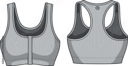 Ribbed Sports Bra Technical Flat Sketch with Racerback and Front Zipper Closure for Fitness Apparel and Activewear Design.