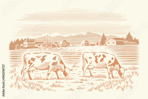 A rustic farm scene featuring grazing cows and distant buildings
