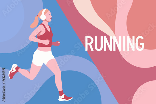A young woman runs with headphones depicted in a vibrant modern style