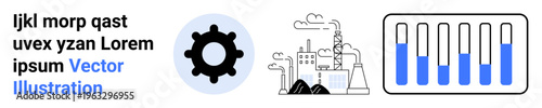 Gear icon, factory emitting smoke, and test tubes filled with liquid. Ideal for technology, engineering, industry, mechanics, manufacturing, research simple landing page