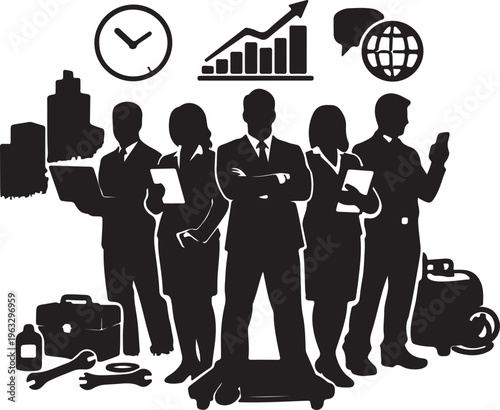 Group of professional business people standing together with office icons