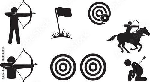 Archery icons set: archer, horseback rider, targets, flag, and fallen athlete silhouette illustrations, outdoor activity