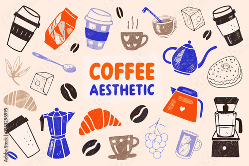 A colorful hand drawn illustration of coffee pastries and related items