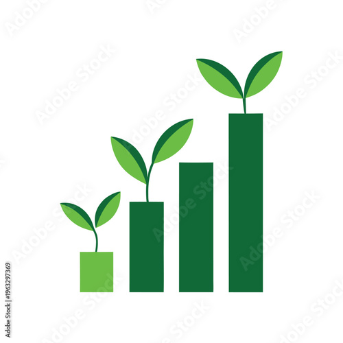 Minimal Green Eco Graph Bars Growing Into Leaves Representing Sustainable Growth On white Background Line Art Vector illustration