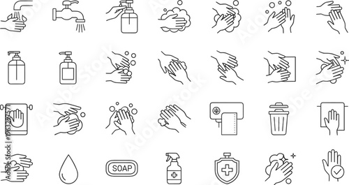 Vector illustration of handwashing hygiene icons featuring soap, water, towel, disinfectant, cleanliness, and sanitation health symbols