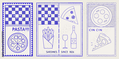 Stylized illustrations of food items resembling vintage postage stamps