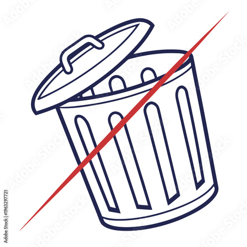 No littering icon vector illustration with a trash can and red diagonal line symbol on white background